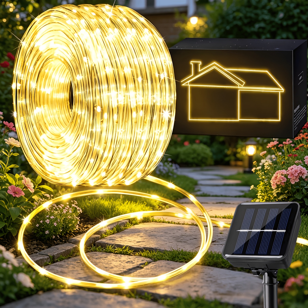 Solar-Schlauch-Seillichter, LED-Lichterkette, 300/200/100/50LED, Gartendekoration-Lichterkette, nachts automatisch einschaltend, mit Knopfsteuerung 8 Beleuchtungsmodi * für Gärten, Bäume, Terrassen,