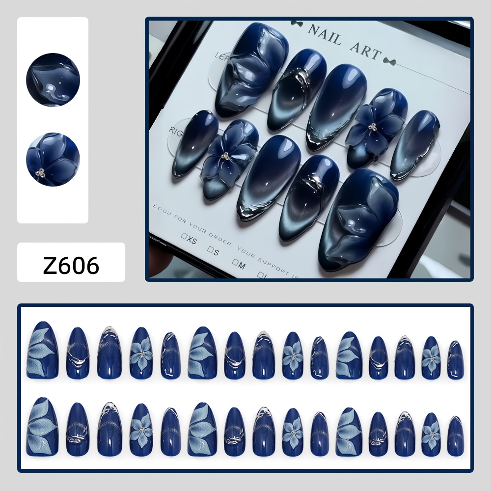 TEMU 30pcs Of Handmade Drop-glue Jewelry Wearing Nails. Dark Blue Cat Eye Long Round Wearing Nails. Cool- High-grade Silvery-painted Blue Flower Fake