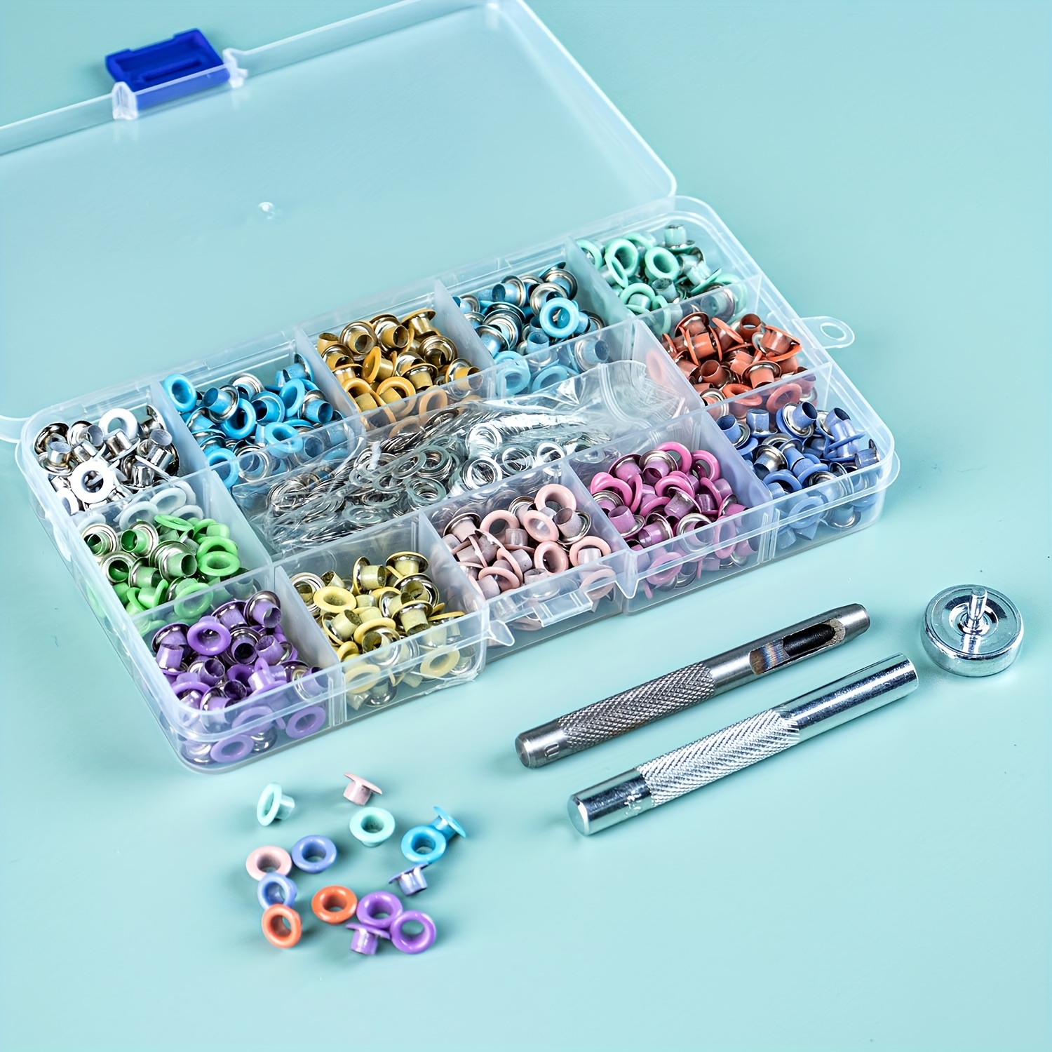 E-shop 600-tlg. professionelles Ösen-Set, 3/16" 12 Macaron-Farben Metallösen mit 3 Werkzeugen & Koffer, rostfreie Hochleistungsösen für Lederhandwerk,