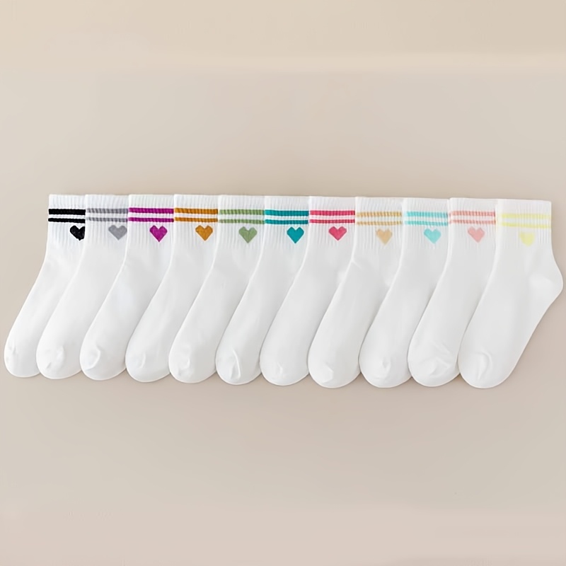 TEMU 10 Pairs Striped Heart Pattern Socks | Spring/fall Season, , Casual Comfortable, Fabric, Hand Wash