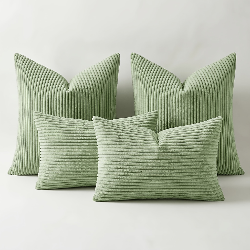 TEMU 4pcs Corduroy Throw Pillow Covers Sage Green Suitable For Couch, Bed, Patio - Modern Boho Striped Cushion Covers With Zipper Closure, Corduroy &