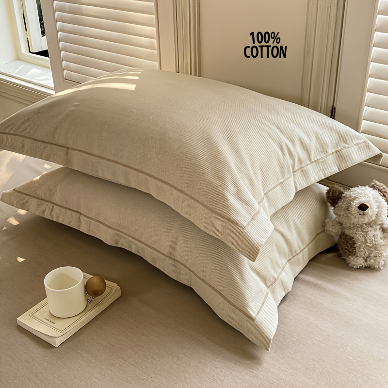 2pcs Cotton Brushed Striped Checkered Pillowcase Set, Comfortable And Skin-friendly, Breathable And Moisture-wicking, Suitable For Bedroom Sofa Dorm Home Decor, Pillow Insert Not Included