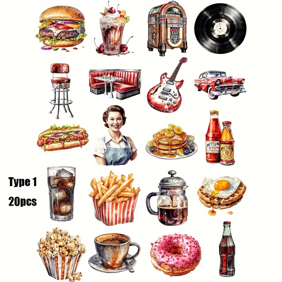 Image of 1 Pack Of Retro Burger And Fries Set Journal Stickers Burger And Fries Set Handmade Stickers Decoration Diary Album Photo Stationery Stickers School Handmade Material Stickers Decoration