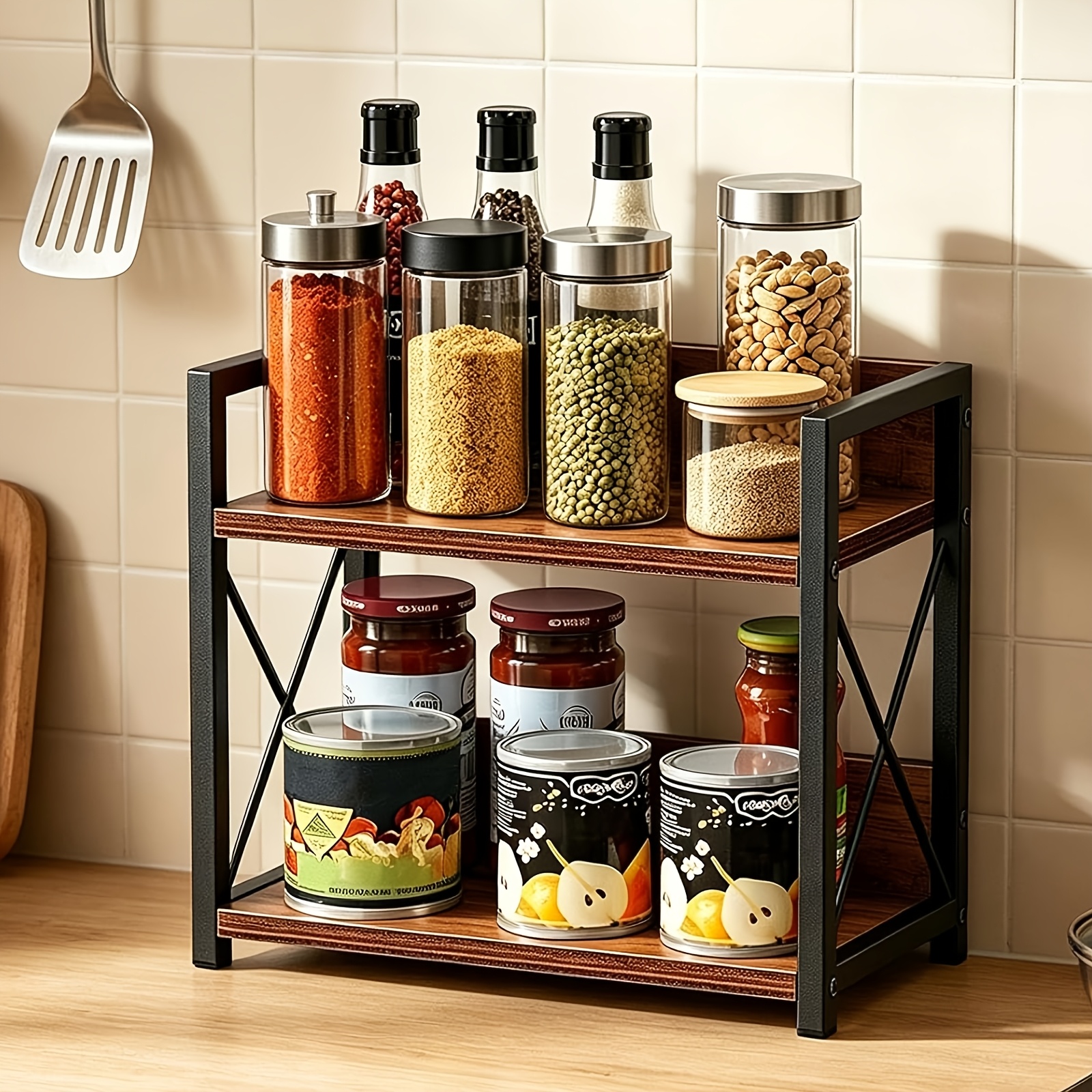 Image of 2 Tier Spice Rack Kitchen Storage & Spice Organiser, Seasoning Rack Organizer Coffee Station, Suitable For Spices & Coffee Station Organizer, Kitchen, Countertop, Cupboard (rustic Brown)