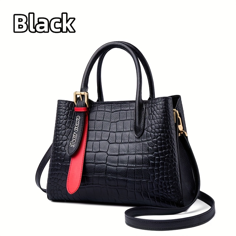TEMU 1pc Women's Genuine Leather Handbag With Adjustable Crossbody Strap - Full Name/text Personalization (), Top-grain Alligator Snap Closure Purse,