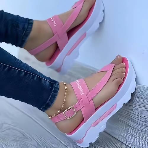 summer womens easy solid color wedge sandals casual open toe versatile letter design thick soled slippers comfortable ankle strap wedge heel beach sandals outdoor vacation casual party womens shoes women shoes