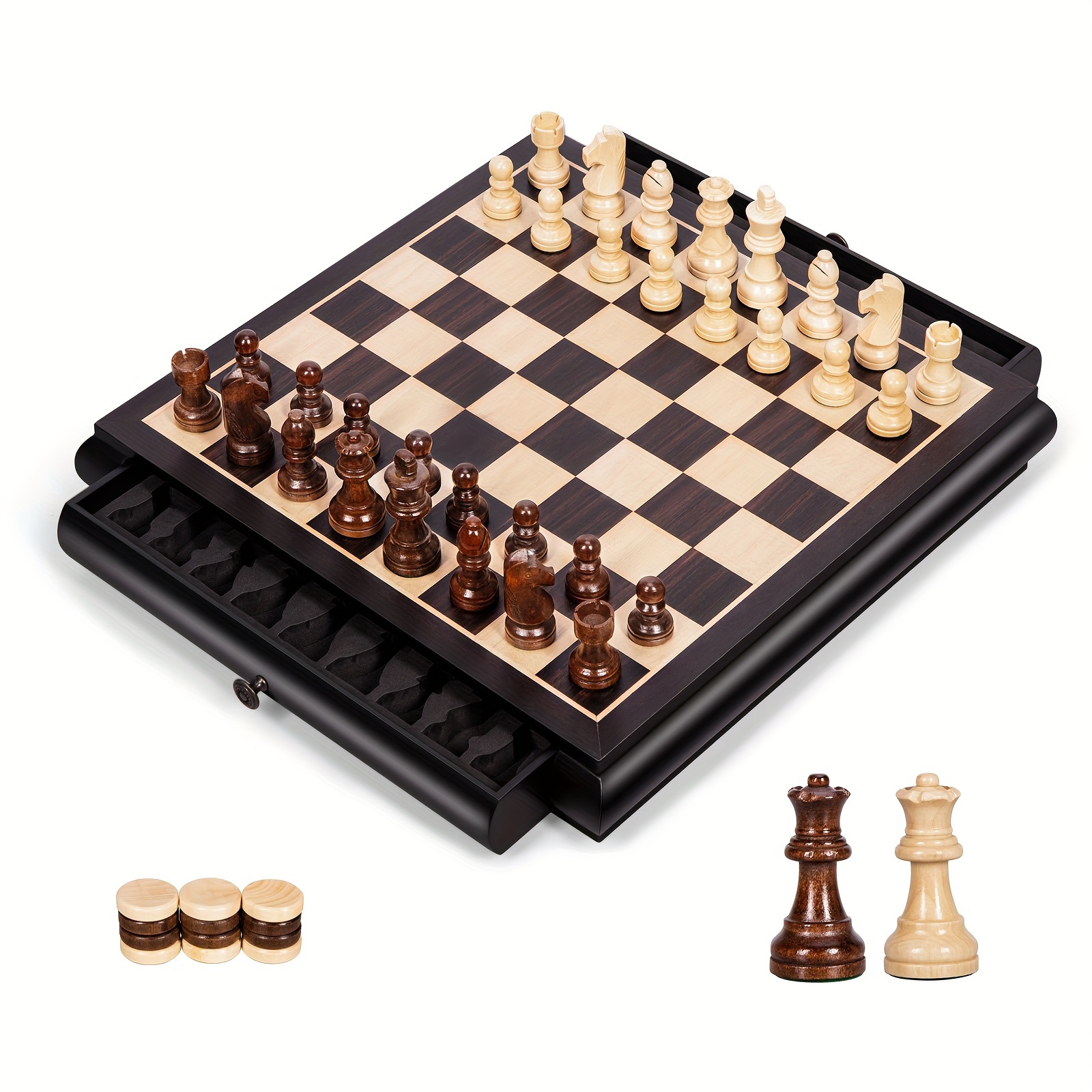 

Wooden Chess Game Set 15.5" Large Size Board W/storage Drawers, Weighted Chess Pieces - 2 Extra Queens 3" King, Gift For Birthday Housewarming Retirement - Black