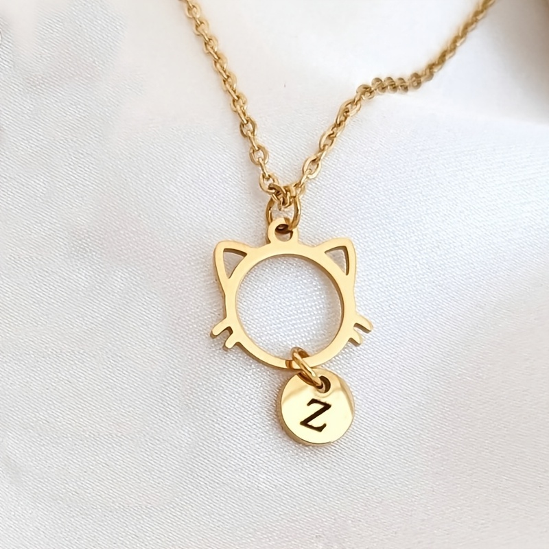 Personalized Cat Pendant Necklace with Initials, 18K Gold Plated