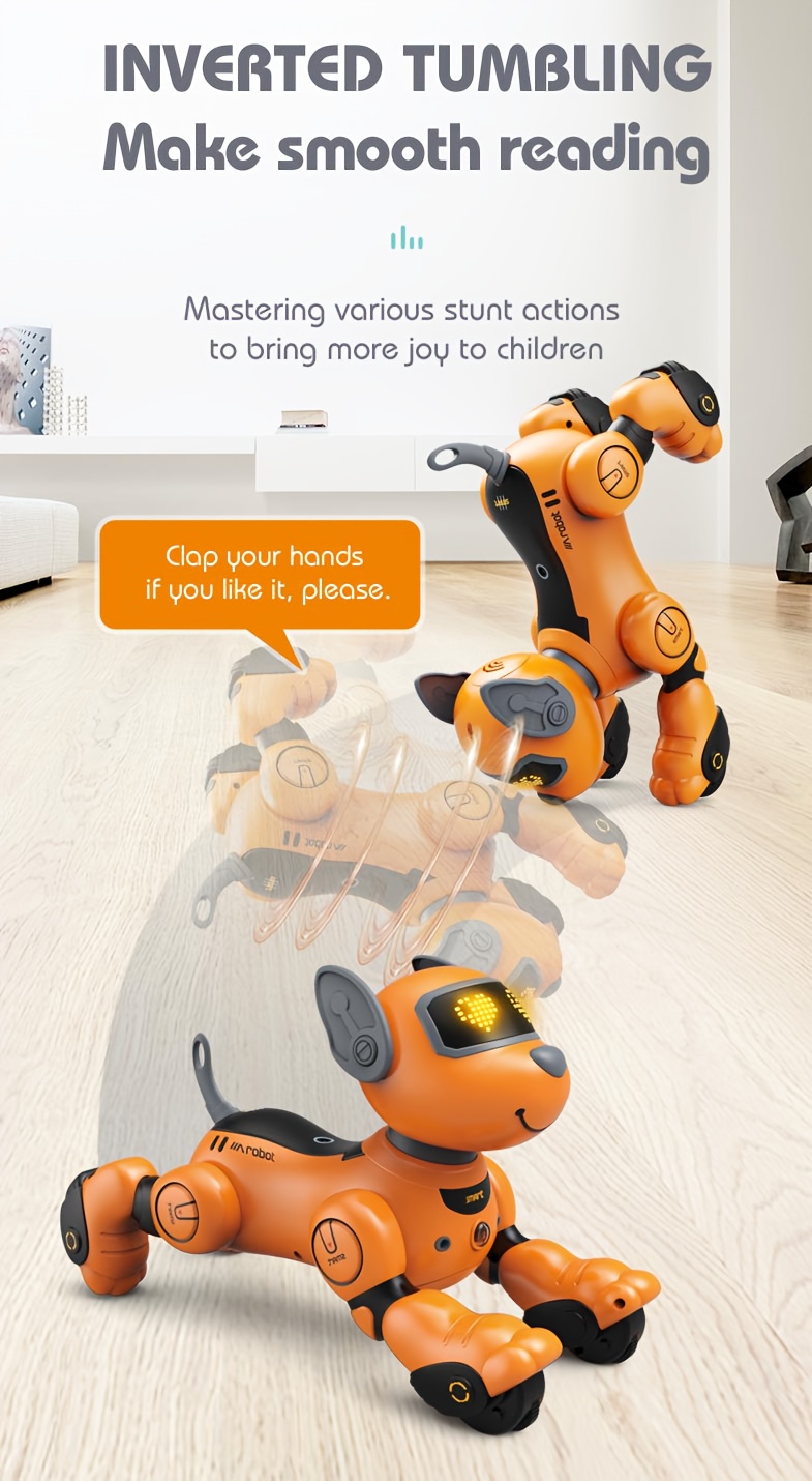 interactive rc robot dog 2 4ghz voice controlled stunt toy with music dance     usb rechargeable   in orange   perfect gift for   on birthdays christmas halloween details 6