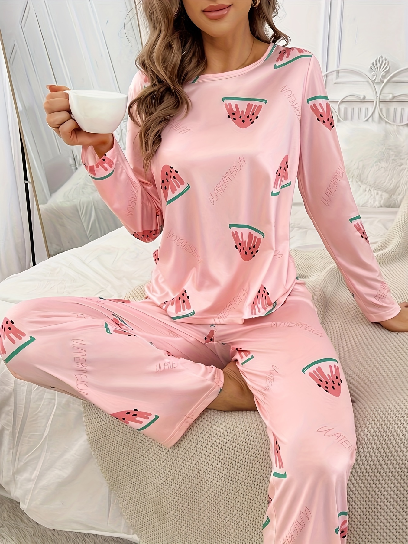 Uniexcosm Pyjama Femme Coton Manches Courtes Imprimé Col Rond - Pantacourt 3/4 Confortable Et Élégant