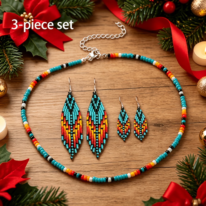 TEMU Ensemble de bijoux Boho perlés 3 pièces, collier choker et boucles d'oreilles à goutte de feuille, cadeau de Thanksgiving et de Noël pour femmes