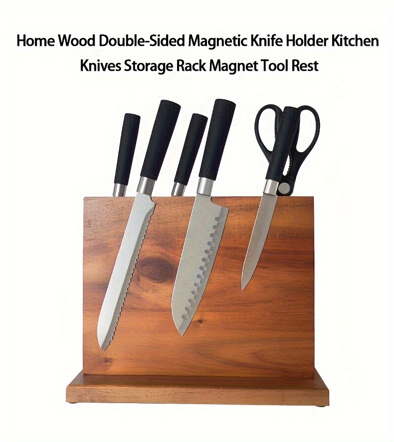 acacia wood double sided magnetic knife holder thickened and enlarged kitchen knife storage rack non food contact log organizer for scissors ideal for christmas halloween easter hanukkah thanksgiving details 0