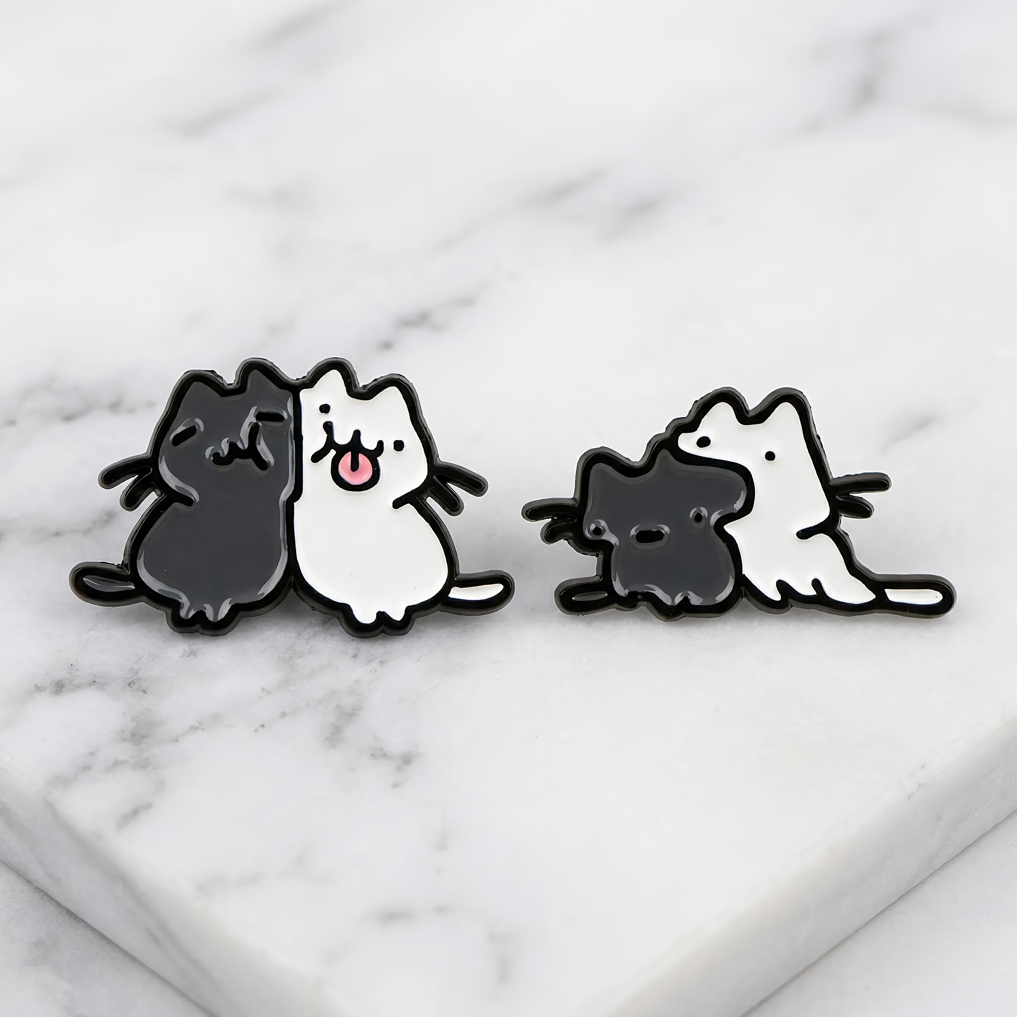 TEMU 2pcs Black And White Cat Sticker Badges Cute Cartoon Couple Style Badges Student Backpack Matching Black And White Cat Enamel Set (2pcs), Cute