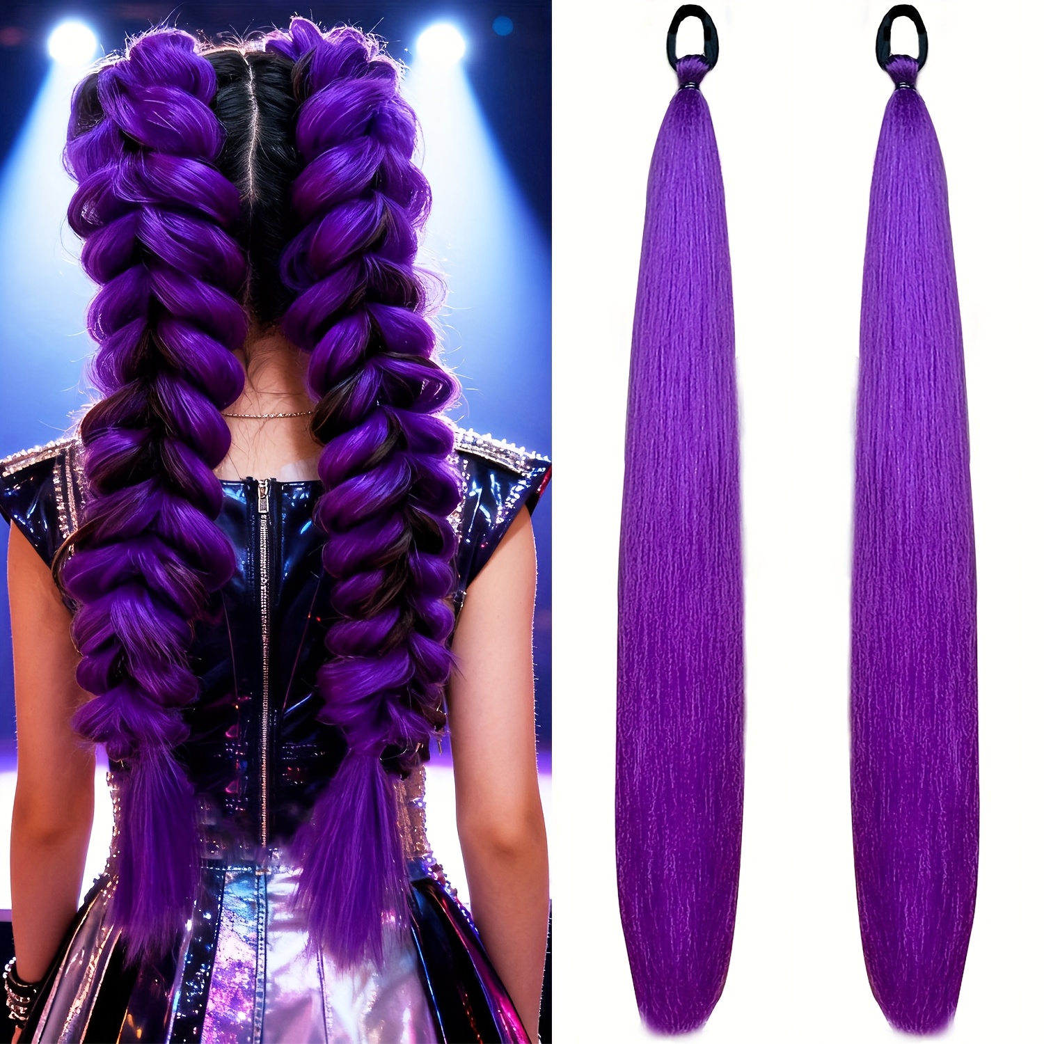 Image of 2pes Synthetic Purple Long Straight Ponytail Hairpiece With Rubber Band Fluffy Deep Purple Ponytail Halloween Hair Additions For Women