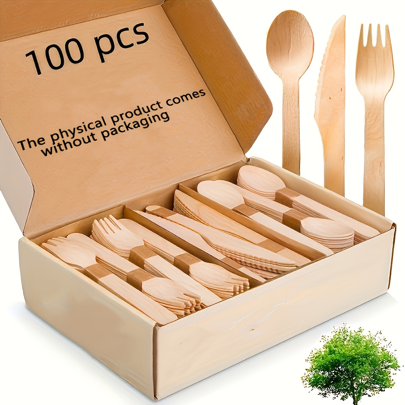 Image of Set Of Wooden Utensils - 100/200pcs Of Disposable Cutlery (50/100 Forks, 25/50 Knives, 25/50 Spoons), 5.5-inch/6.3-inch Tools For Events And Catering, 14cm/16cm Wooden Dining Set