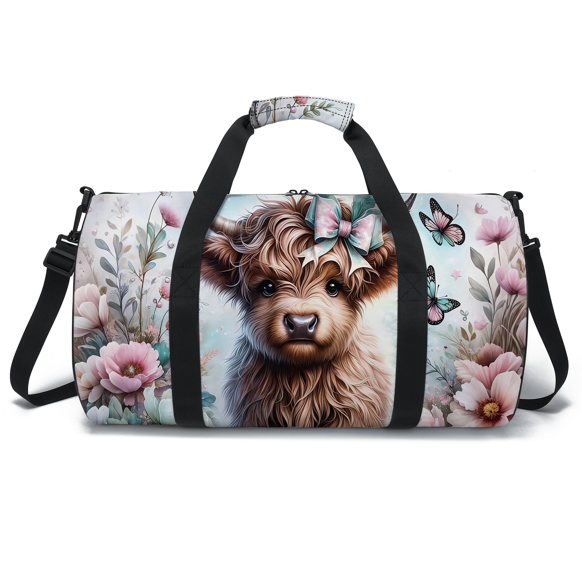 TEMU 1pc Highland Cow Pattern Travel Bag Smooth Polyester Fabric Clothing Storage Bag Ideal For Back-to-school, Camping, And Travel