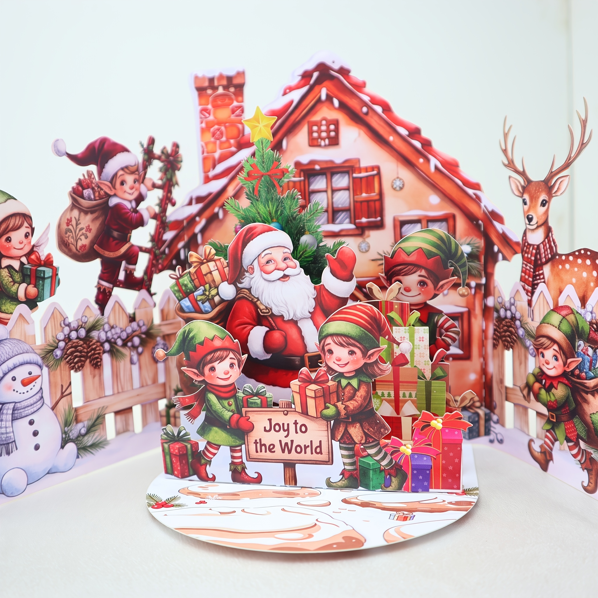 TEMU 3d Vintage Cottage Elf Greeting Card With Envelope - Vintage Cottage Theme Featuring Cute , Snowmen, Reindeer, And Christmas Gift Boxes. Colored