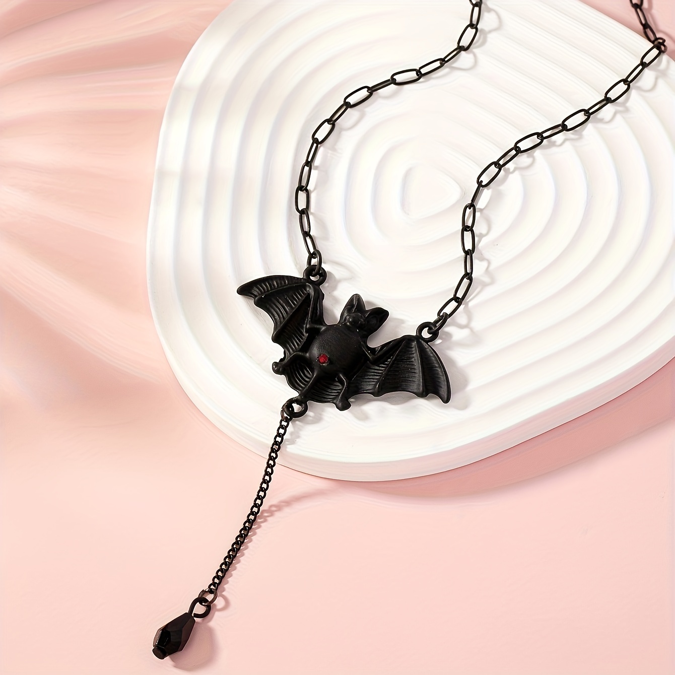 Vintage Gothic Bat Pendant Necklace with Red Gemstone Eyes