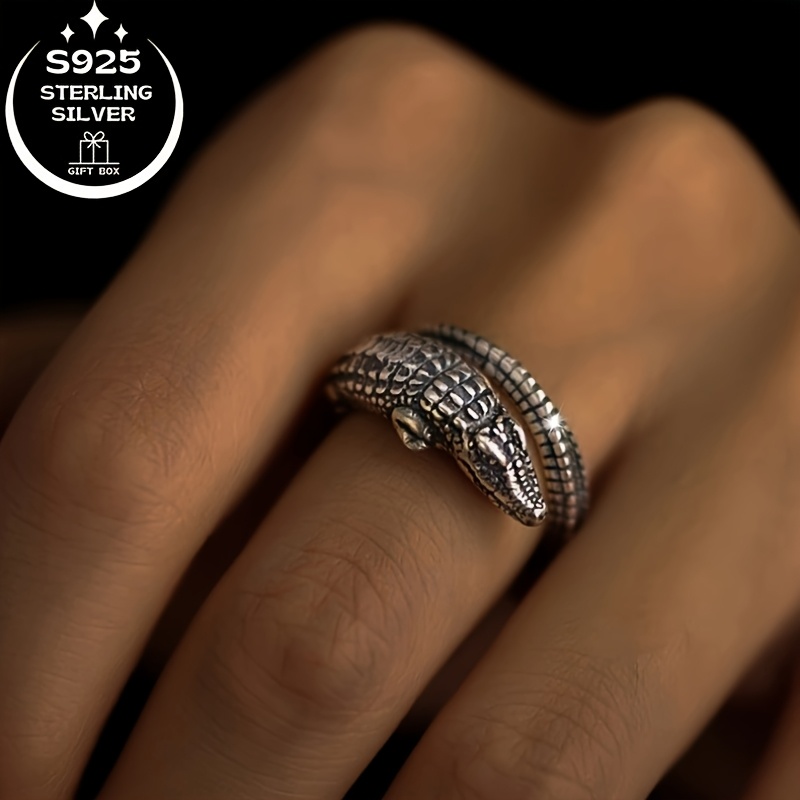 925 Silver Crocodile Ring for Women, Adjustable