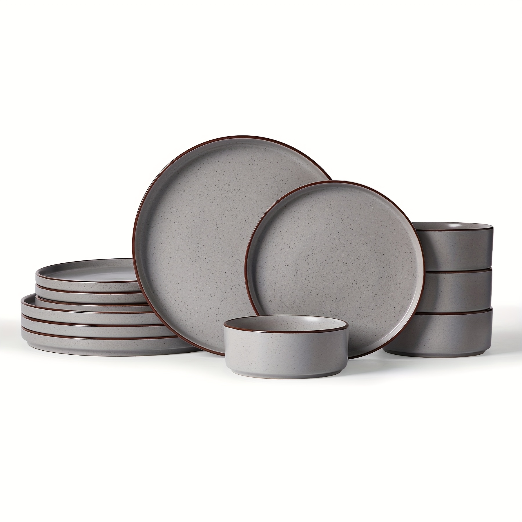 12pcs Plates And Bowls Set, Stoneware Dinnerware Sets For 4, With Unique Rim, Multicolor