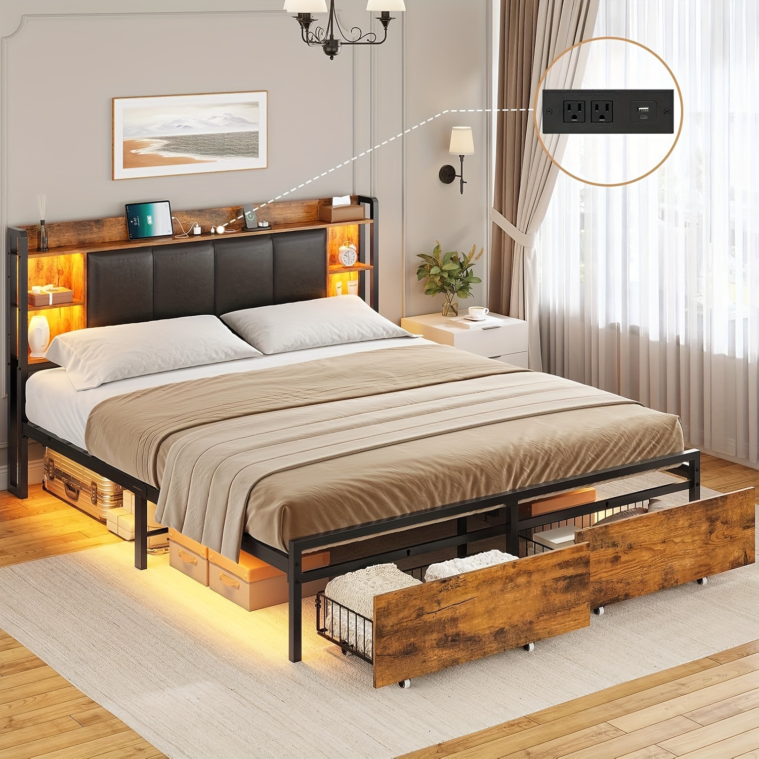 

Queen Size Bed Frame With 2 Storage Drawers And Headboard With Charging Station And Led Lights, Vintage Brown