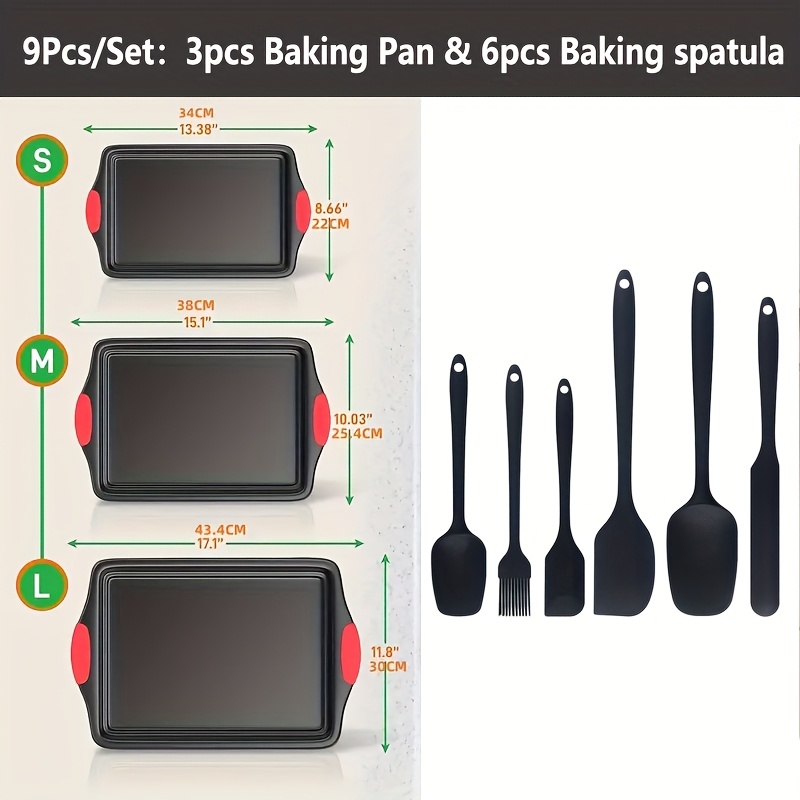 3 9pcs carbon steel non stick kitchen oven baking pan luxurious and fashionable non stick inside and outside commercial grade   metal baking pan with red silicone handle