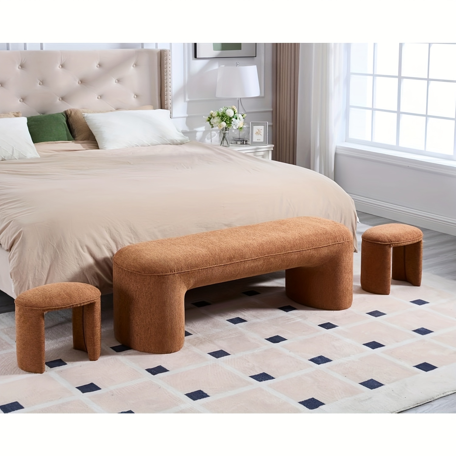53 Inch Long Bedroom Bench with 2pcs Step Stools, Nesting Ottoman Bench Set, Padded End Of Bed Bench Modern Upholstered Bench for Living Room, Entry, Porch