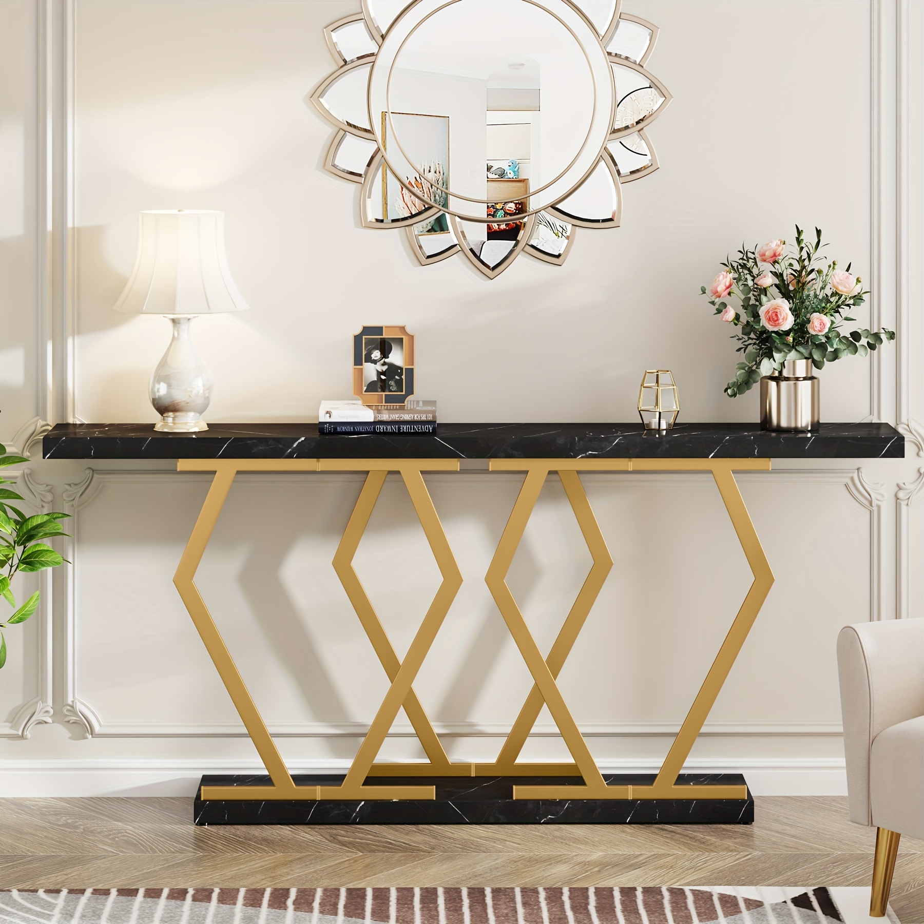 

Little Tree 70.9 Inch Extra Long Sofa Table, Black And Gold Console Table With Faux Marble Tabletop, Modern Long Entryway Table With Gold Frame