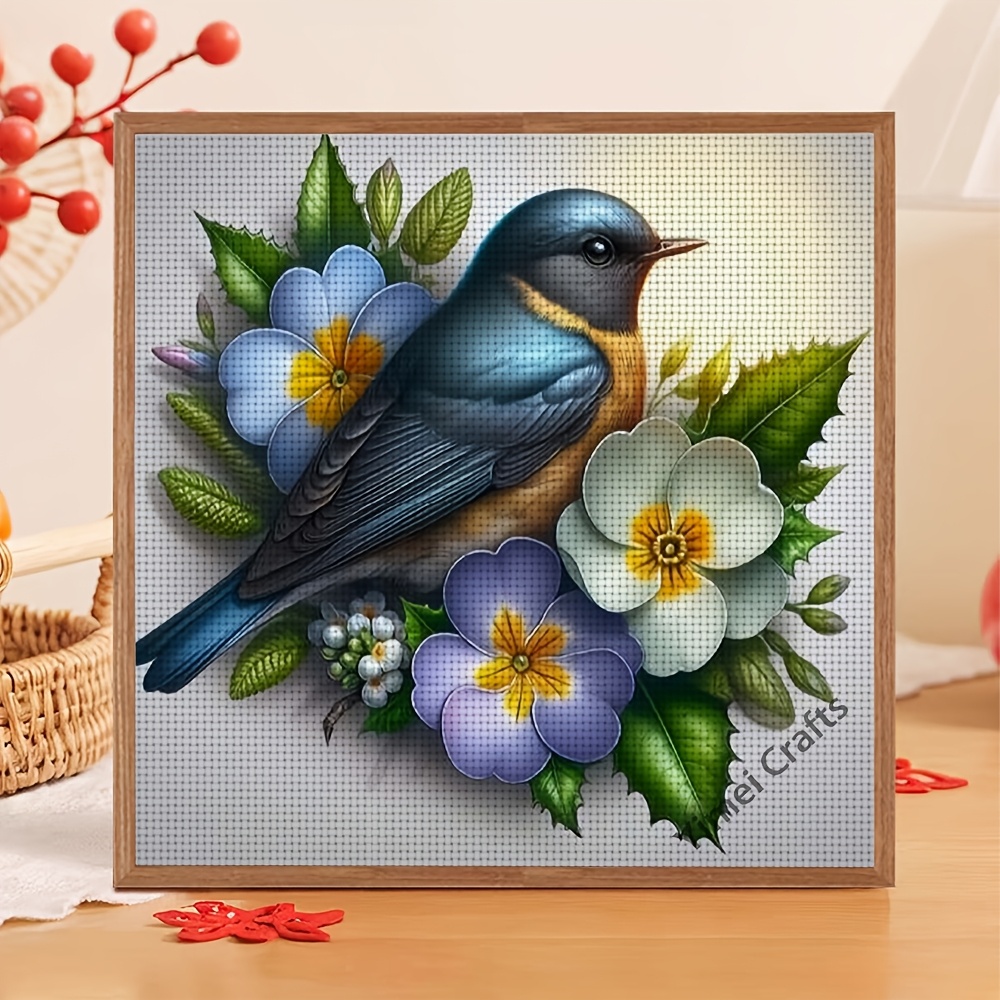 Frameless Cross-Stitch Embroidery Kit, Blue Bird Surrounded by Flowers