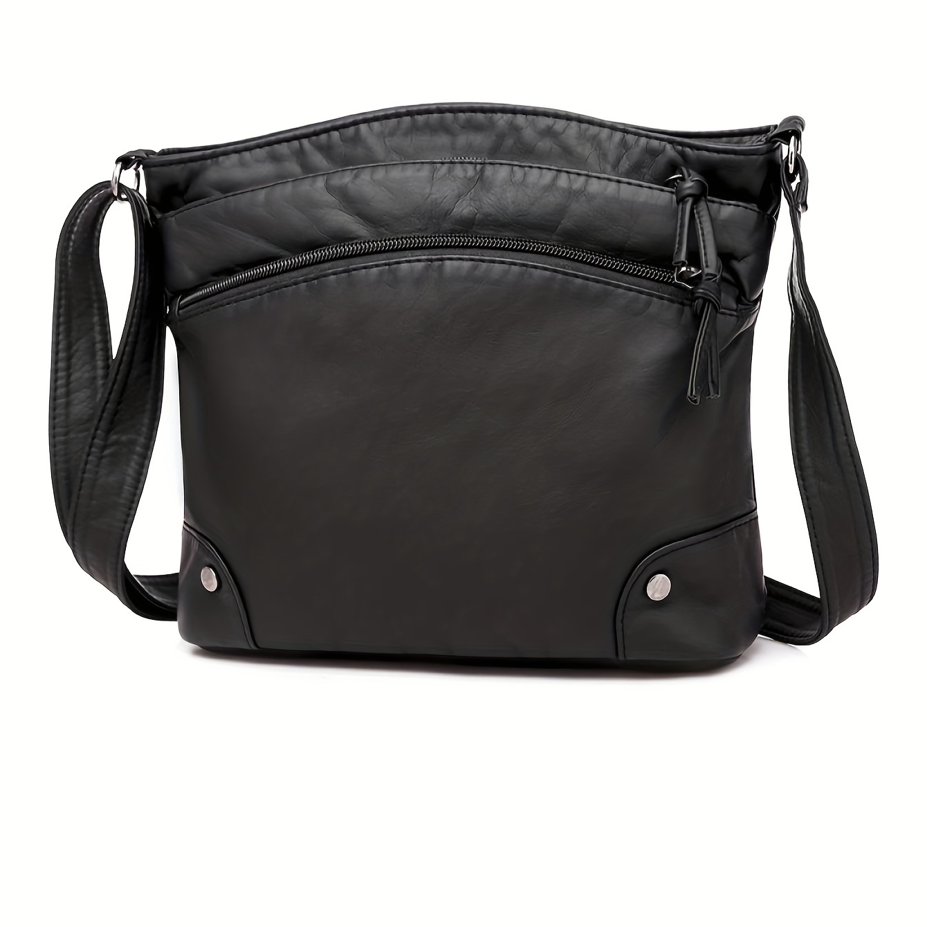 TEMU Vintage-inspired Faux Leather Crossbody Bag -, Casual Fashion Shoulder Purse With Zip Closure, Black