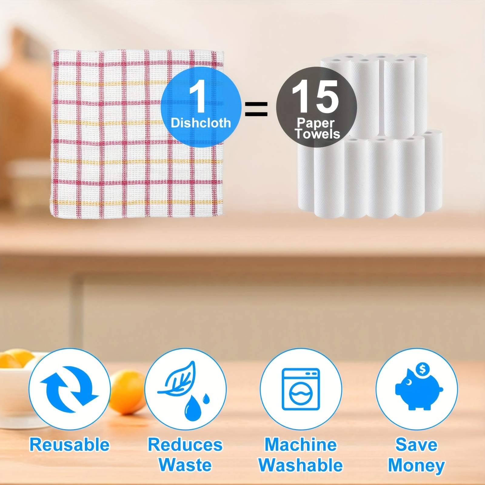 6/ 12 Kitchen Towel Set, Fabric, Contemporary Style, Checkered And Striped Pattern, Blue And Red Grid, Rectangular Dishcloths for Home, Kitchen And Dining Room, Low Shedding, Easy to Clean