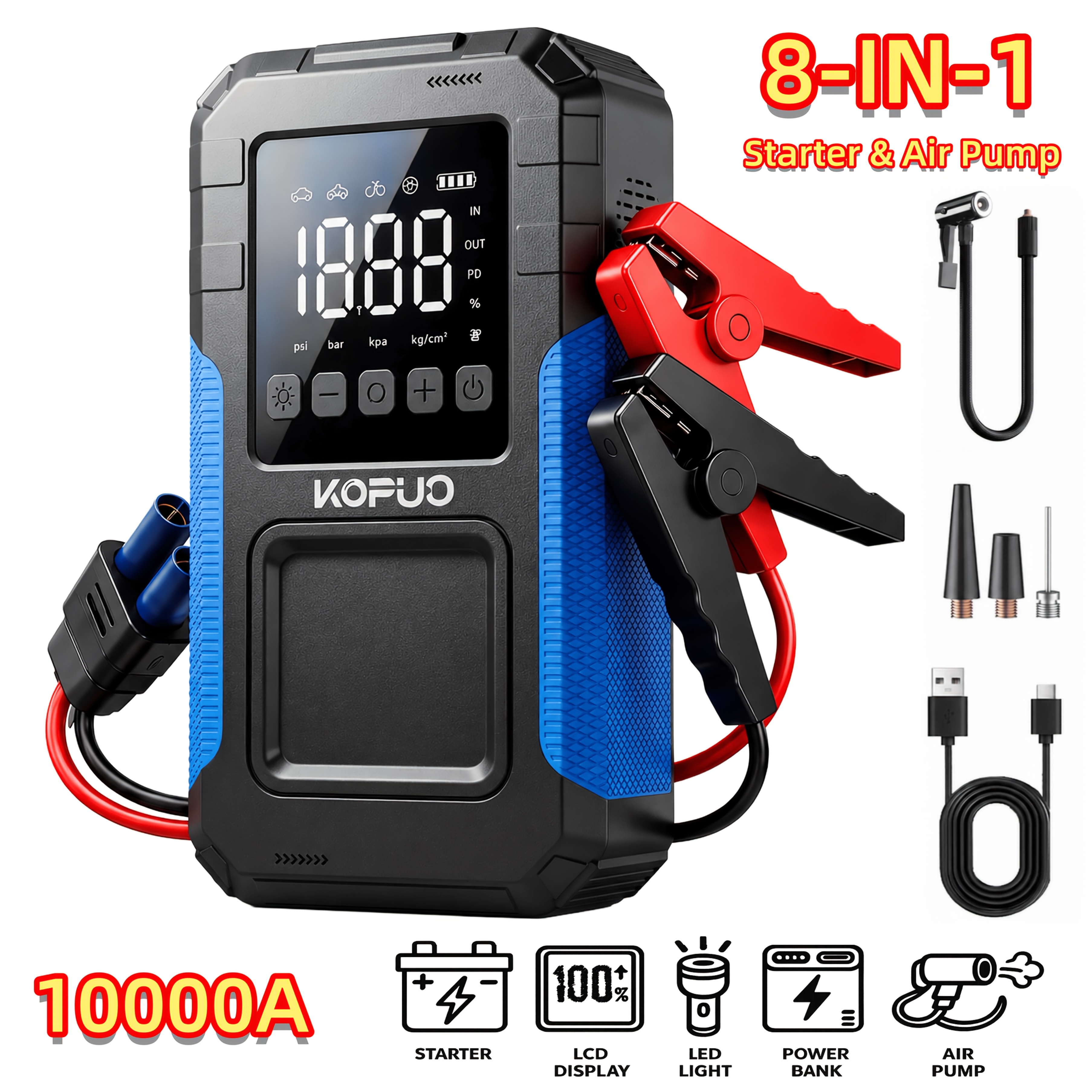 TEMU Kopuo 7000a/8000a Jump Starter Optional 10000a 12v Car Jump Starter With Air Compressor, Heavy Duty Pack With 160psi Portable Tyre Inflator,