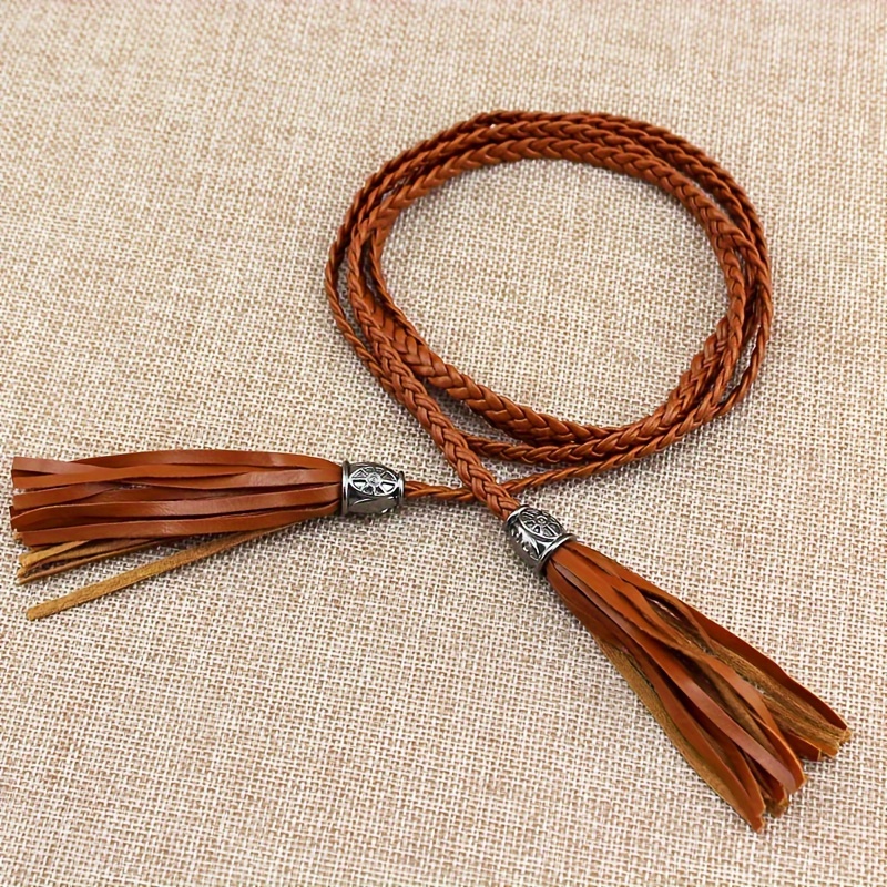 Women's Boho Braided Rope Belt With Tassel - Thin Waistband Suitable For Dresses, Jeans, Casual & Boho Outfits - Hand Washable Belt, Standard Size (no Wide/plus Size)