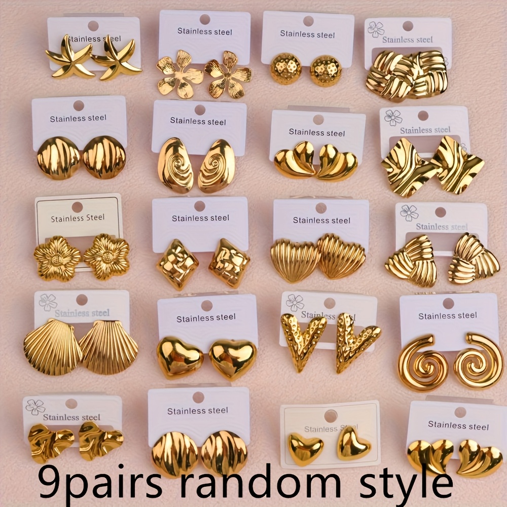 TEMU Random 9 Pairs Of Vintage Elegant Stainless Earrings, Fashion Geometric Shaped Earrings Suit, Daily , Party, Holiday Earrings Jewelry Gift