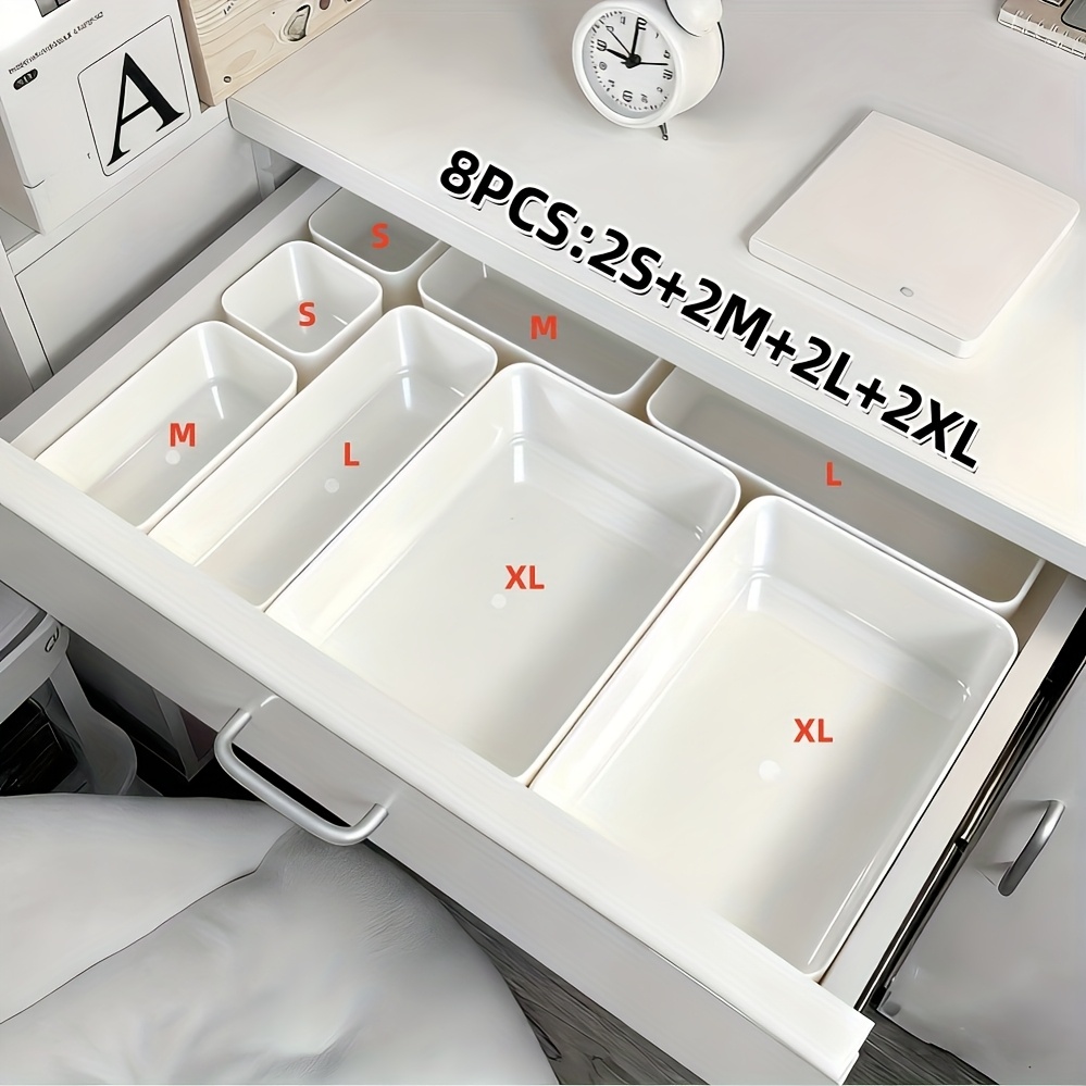 Image of 8pcs White Drawer Built-in Divider Organizer Set, Cosmetic Storage Box, Office Stationery Storage Box, Suitable For Desktop And Drawer Organization, Desk & Drawer Organizer For Home Storage