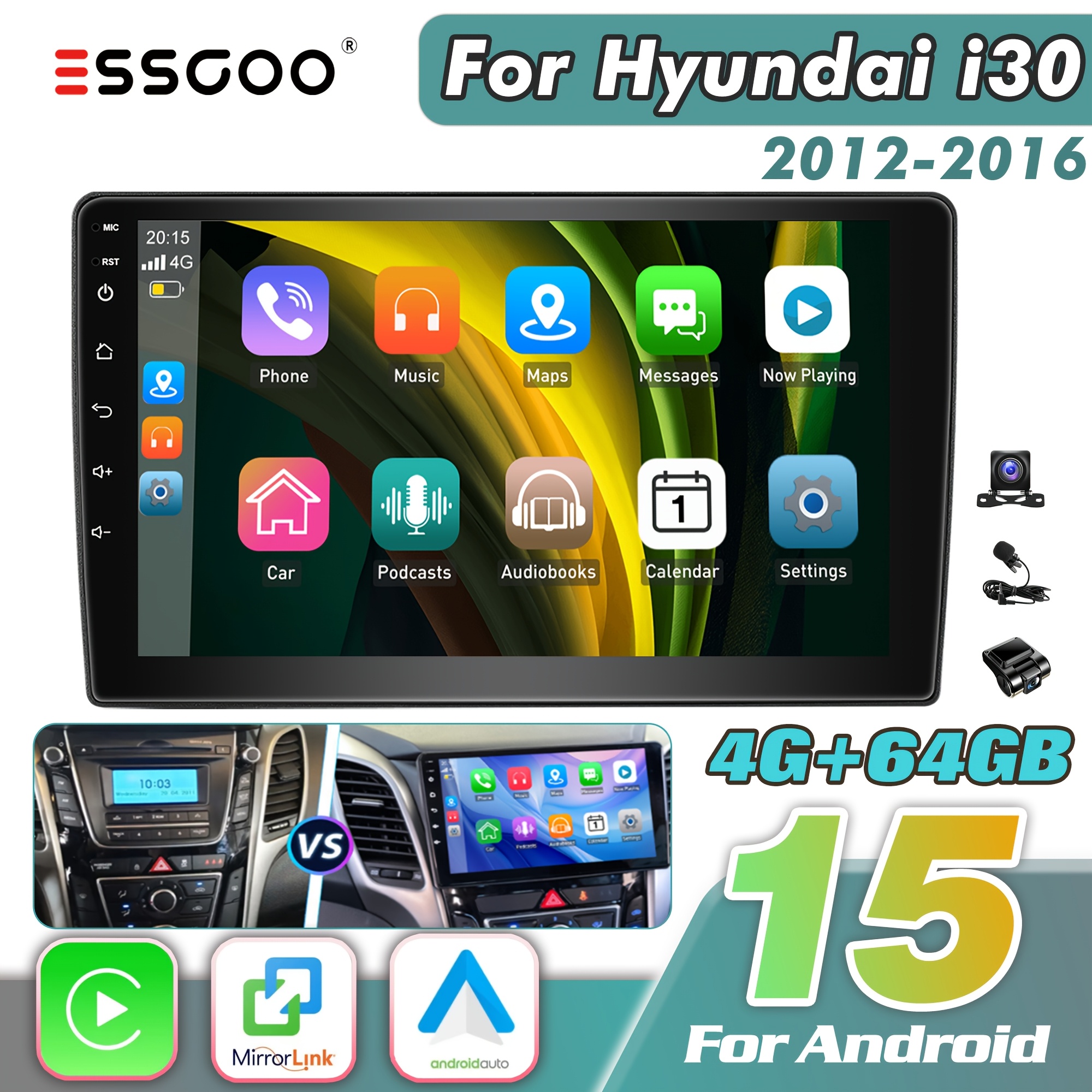 Essgoo Upgrade For I30 2012-2016 With 15 System | 9-inch Ips Touchscreen & Frame | & Auto | 4gb + 64gb Storage | | Dashcam & Steering Wheel Control Support | Asp Sound Tuning & Rds