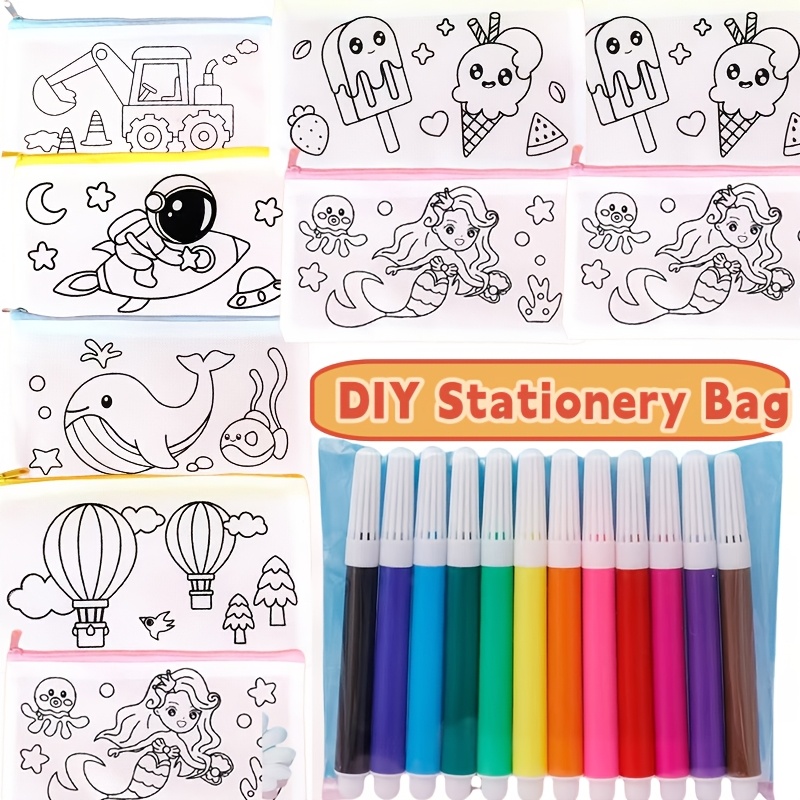 

6pcs Set Of 18 Cartoon Doodle Pencil Cases, A Stationery Bag Collection Featuring Watercolor Pens - A - Craft Kit Suitable For Any Season, .