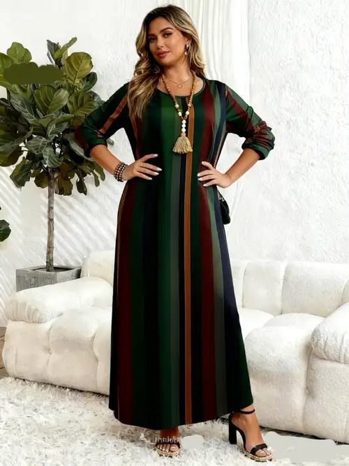 Plus Size - Plus Size - Plus Size Women'S Vertical Striped Color Block Maxi Dress Roll Up Long Sleeve Round Neck Loose Fit Casual Dress for Fall * Wear Vacation Plus Size - Plus Size - Plus Size Women'S Vertical Striped Color Block Maxi Dress Roll Up Long Sleeve Round Neck Loose Fit Casual Dress for Fall * Wear Vacation