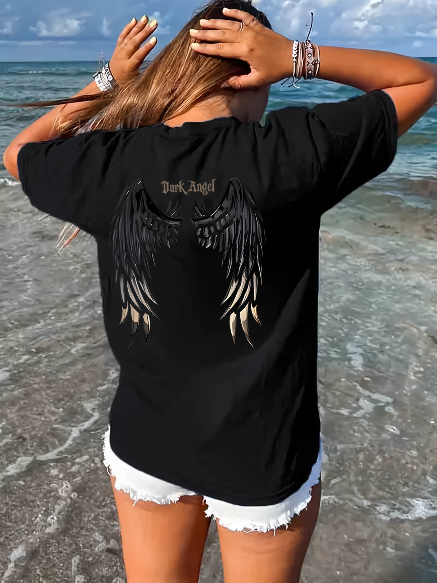 dark angle womens gothic wing back print t shirt black Temu