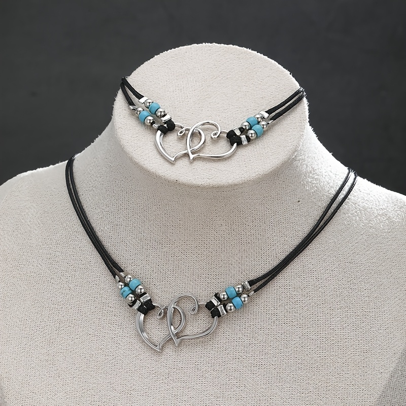 TEMU Bohemian Style Jewelry Set With Hearts And Blue Beads + Black Cord Design, Necklace And Bracelet 2pcs Set, Unique And Stylish, Or Casual Attire,