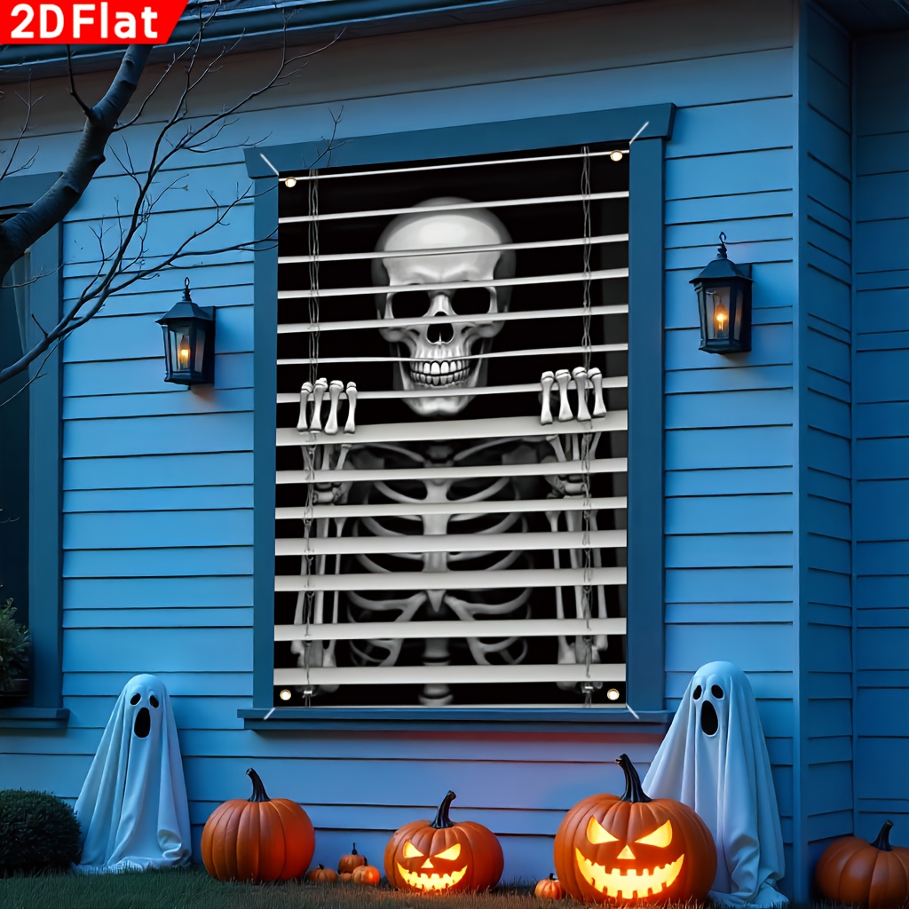 TEMU 2d Flat, 2d Flat - 2d Flat, 2d Flat - 2d Flat Banner 1pc Halloween Party Window Banner Black And With Skeleton Behind Black Sheer Curtain, Ideal