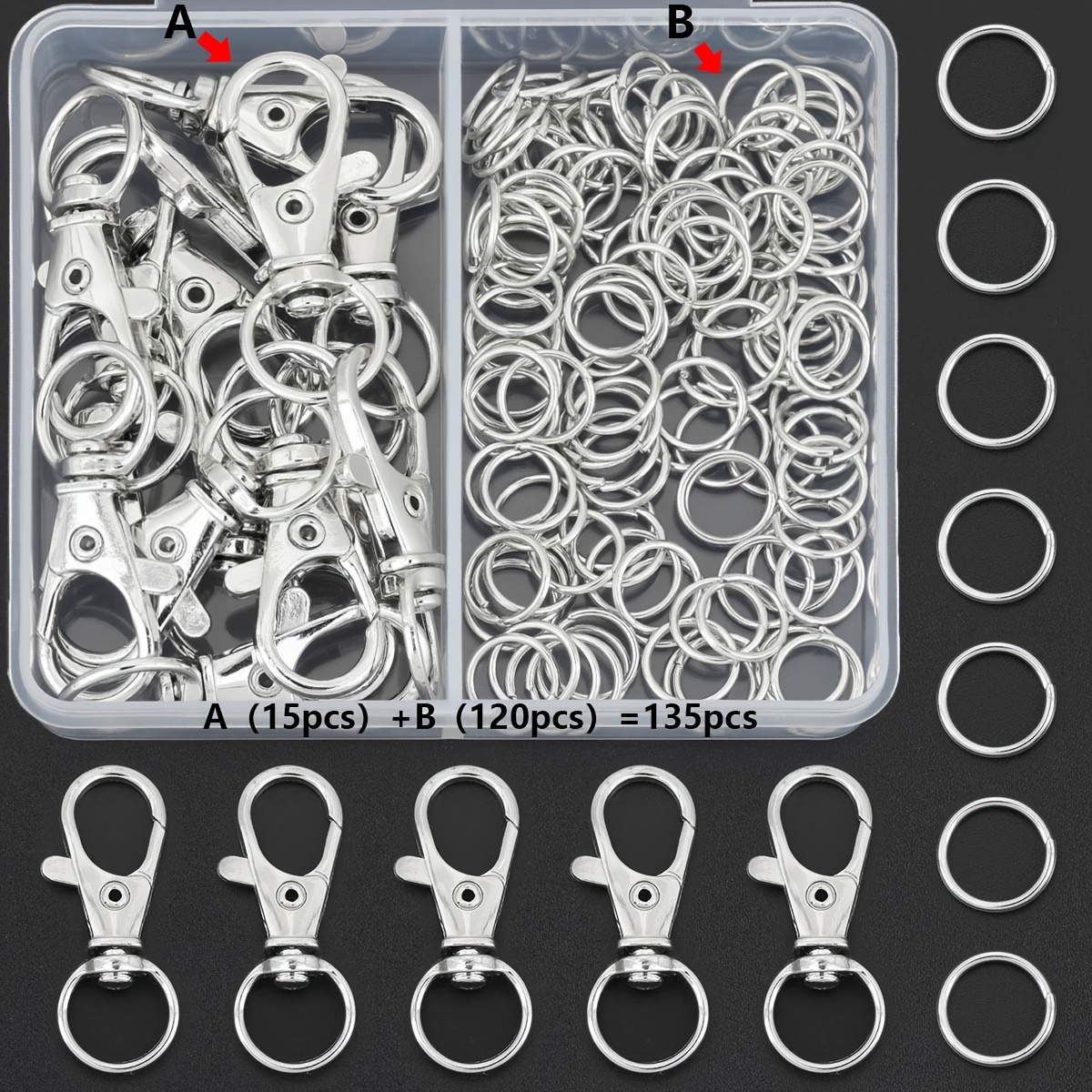 TEMU Lot de 135 pièces/boîte de pièces blanches K pour la fabrication de bijoux DIY, comprenant 15 anneaux porte-clés pivotants en de + 120 anneaux ,
