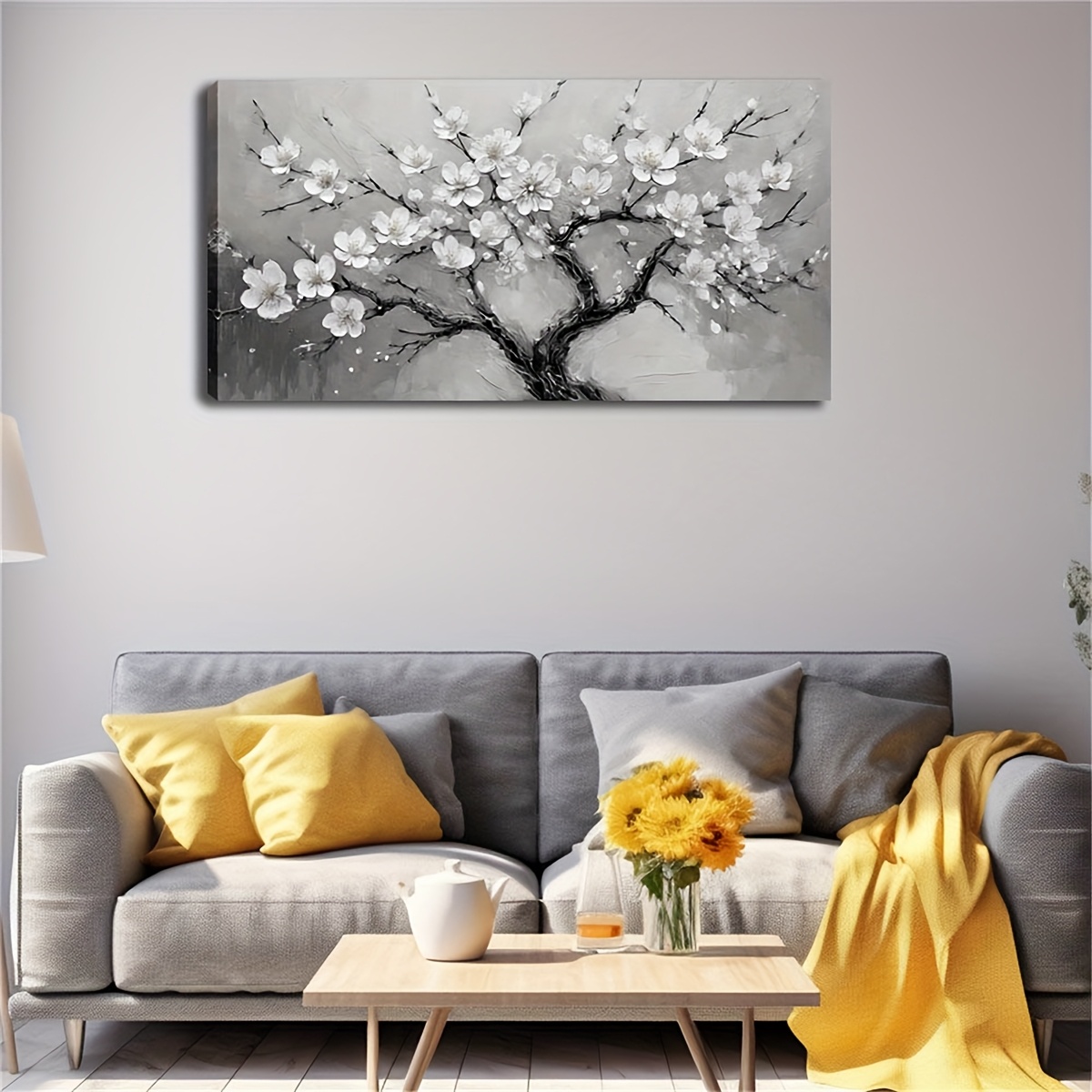 TEMU Grande Tela Incorniciata - Albero Grigio e , 20x40 Pollici, Decorazione Murale Minimalista per Soggiorno, Camera da Letto o Ufficio, Cornice in