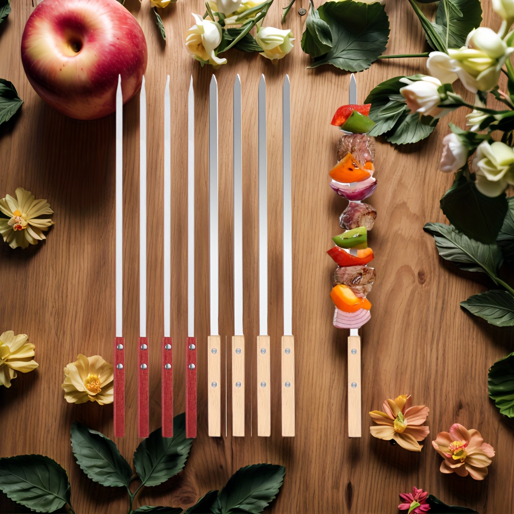 Image of 22.8-inch Long Handle Barbecue Skewers - Extra Thick Stainless Steel Outdoor Grilling Needles With Wooden Handles, Suitable For Camping, Family Barbecues, And Outdoor Party Cooking, Kitchen Supplies