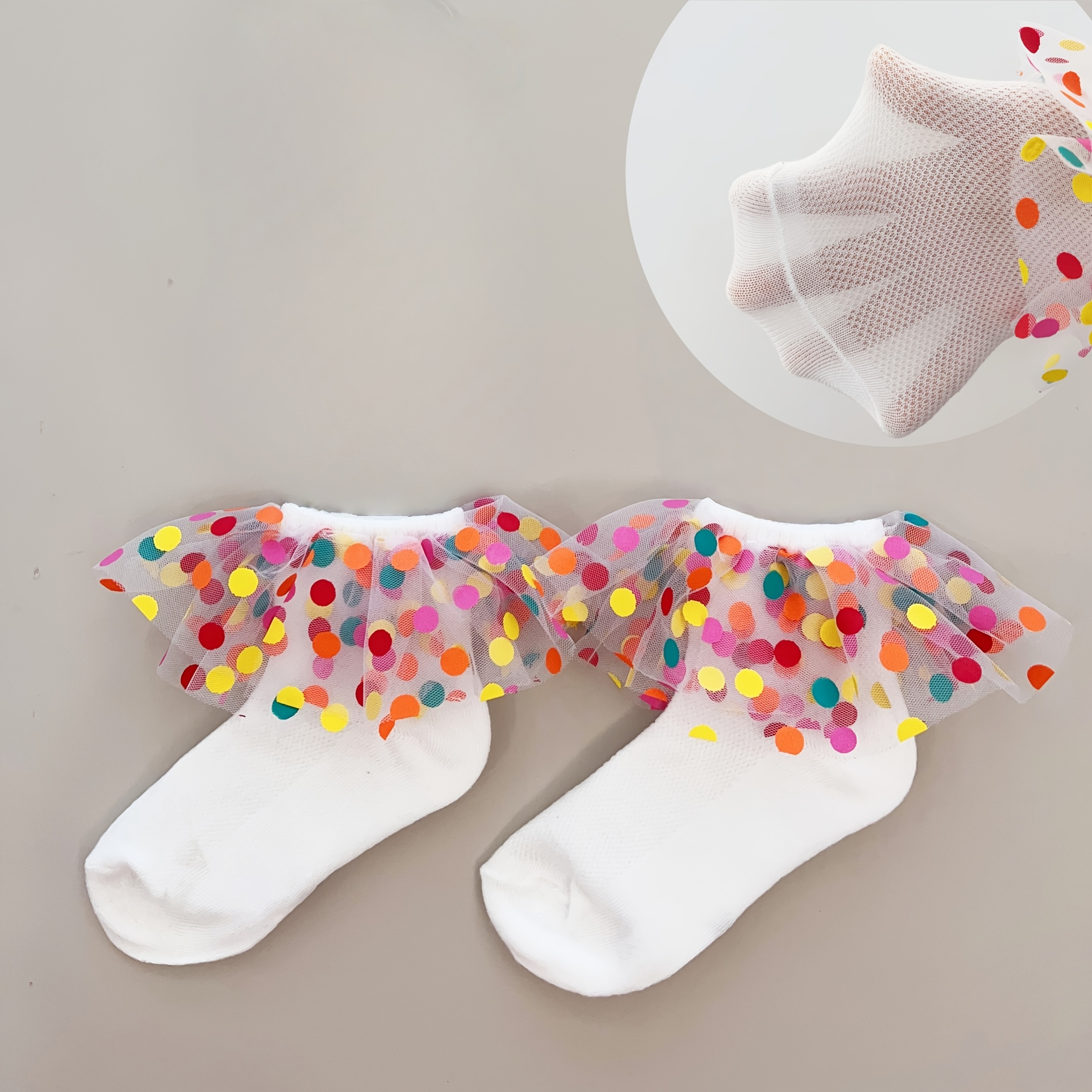 Girls' Summer Mesh Socks With Rainbow Polka Dots And Lace For Festive Parties