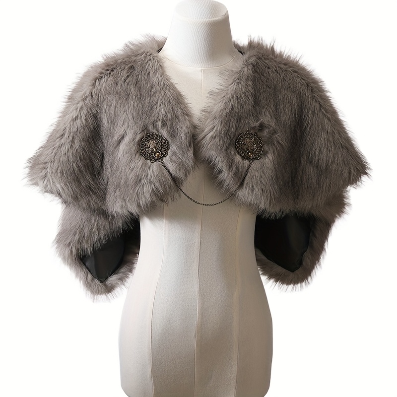 Women's Viking Faux Fur Shawl And Wrap Scarf With Medieval Brooch Collar, Suitable For Larp Got Warrior Costume Accessories