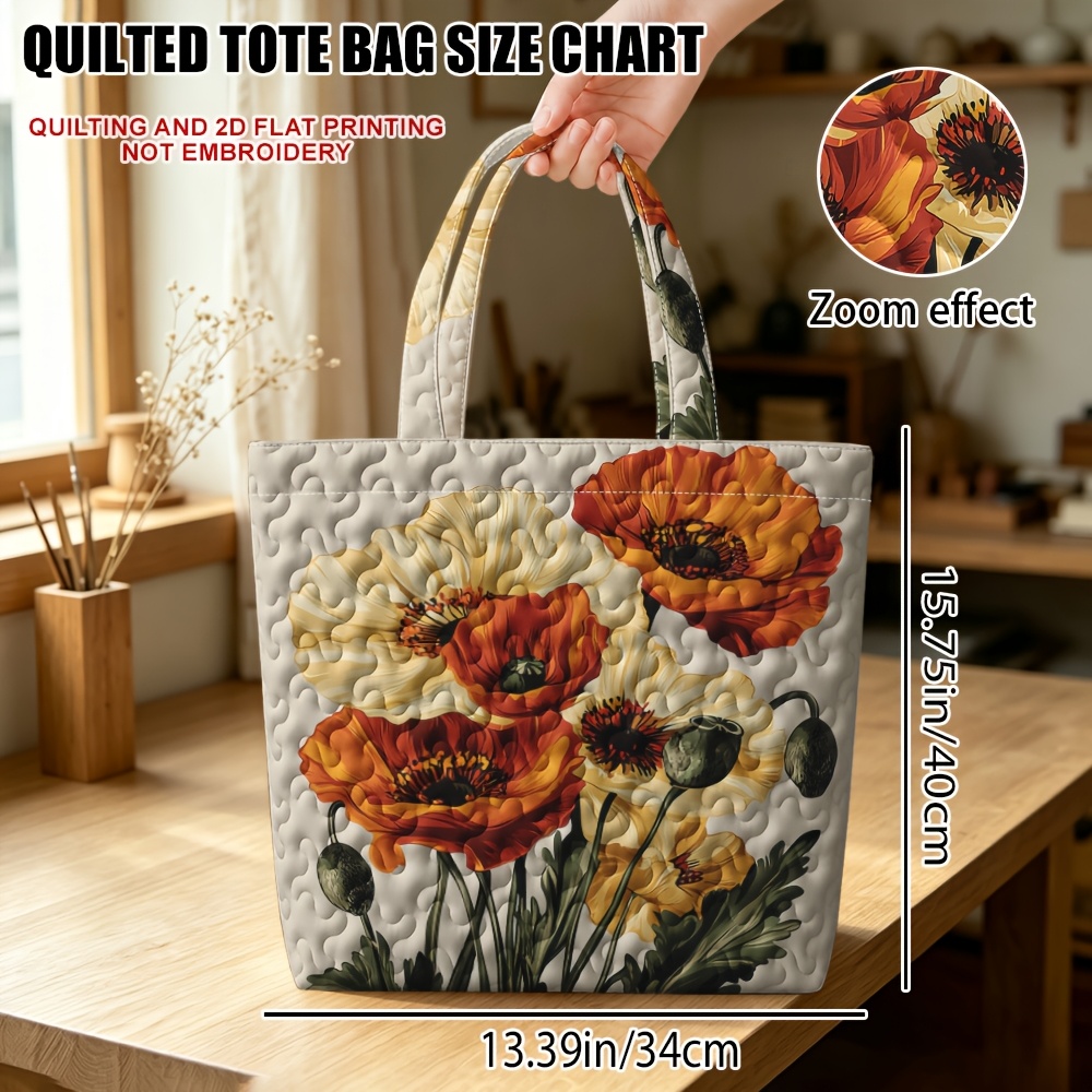 TEMU (non-) New Style Orange And Yellow Flowers Printed Quilting Craft Tote Bag, Large Capacity Foldable Lightweight Tote Bag With Soft Shoulder
