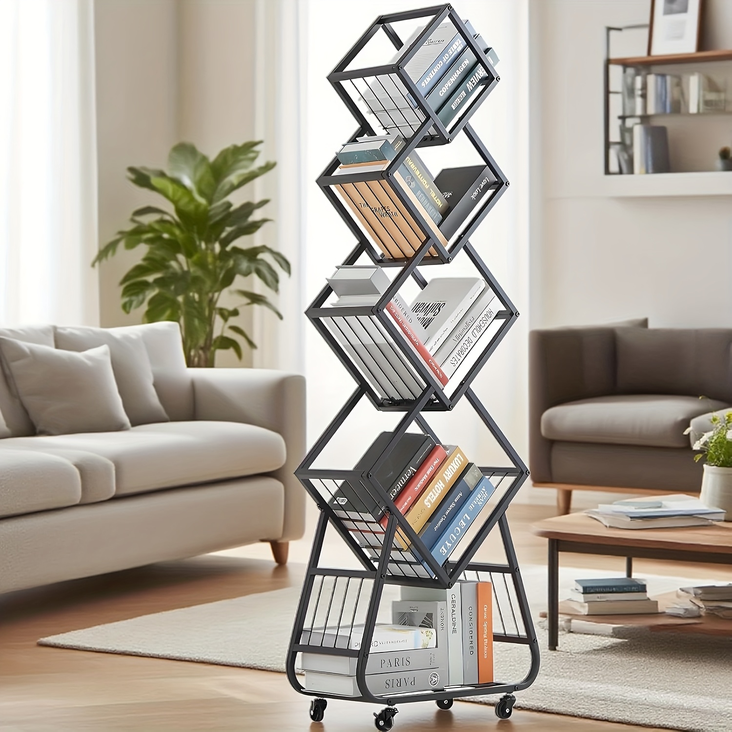 TEMU 5-tier Rotating Bookshelf With Wheels - Heavy-duty Modern Minimalist Bookcase, Shelf, Space-saving Storage Organizer For Home Office, Living