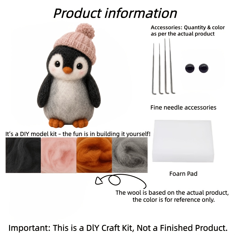 TEMU Felt Antarctic Penguin Material Kit, Cute Winter Penguin Craft Set, Beginner Needle Felting Tutorial Gift, Desktop Decoration Handmade, Not