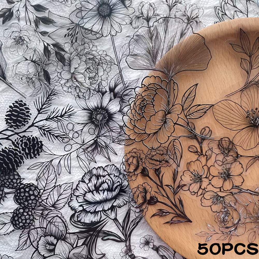 Image of 50pcs/100pcs/200pcs/300pcs Black And White Plant Stickers Transparent Pet Floral Waterproof Decorative Laptop Diary Diy Guitar Planter Decals